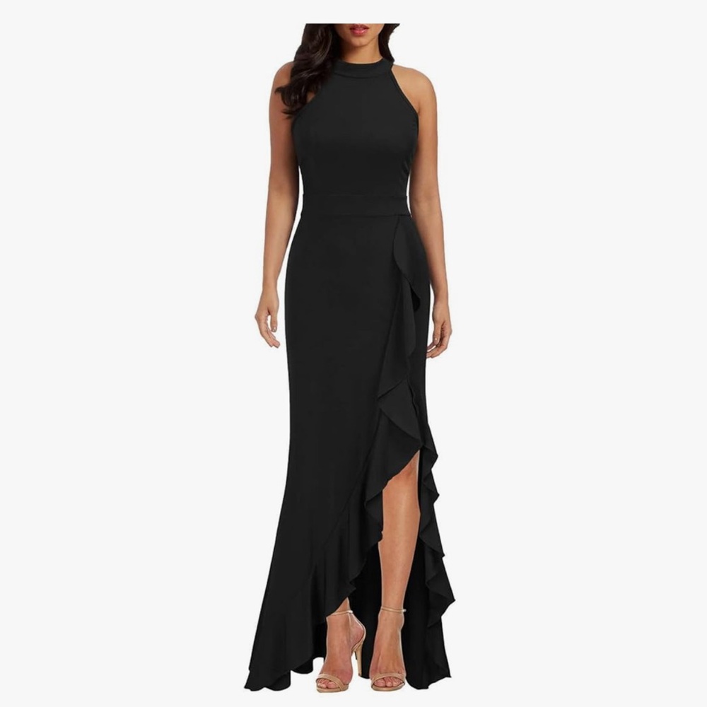 Black Asymmetrical High Low Gown with Halter Neckline